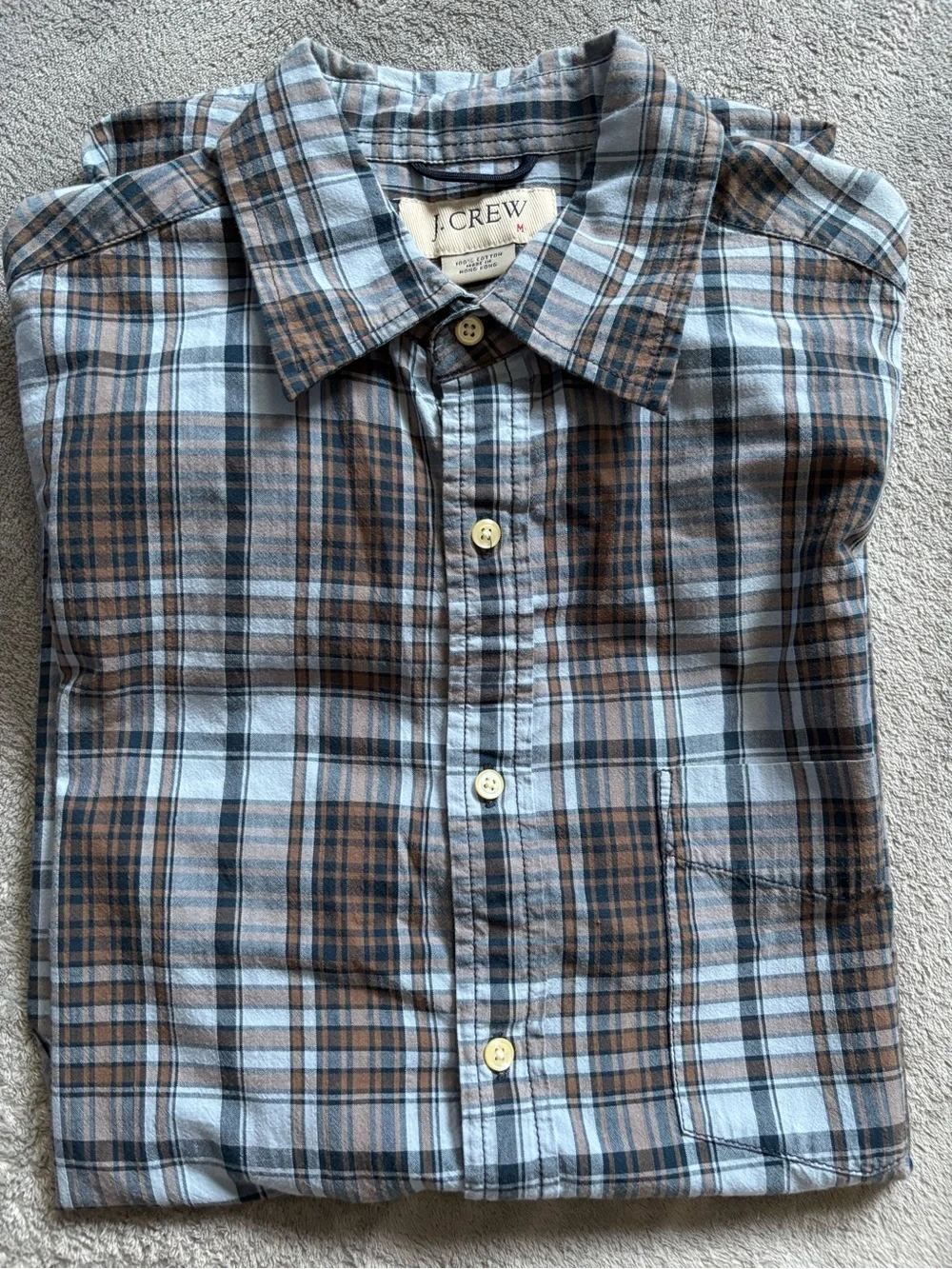 J.Crew Men’s Short Sleeve Blue Multicolor Plaid Button Up Shirt Size Medium Y2K